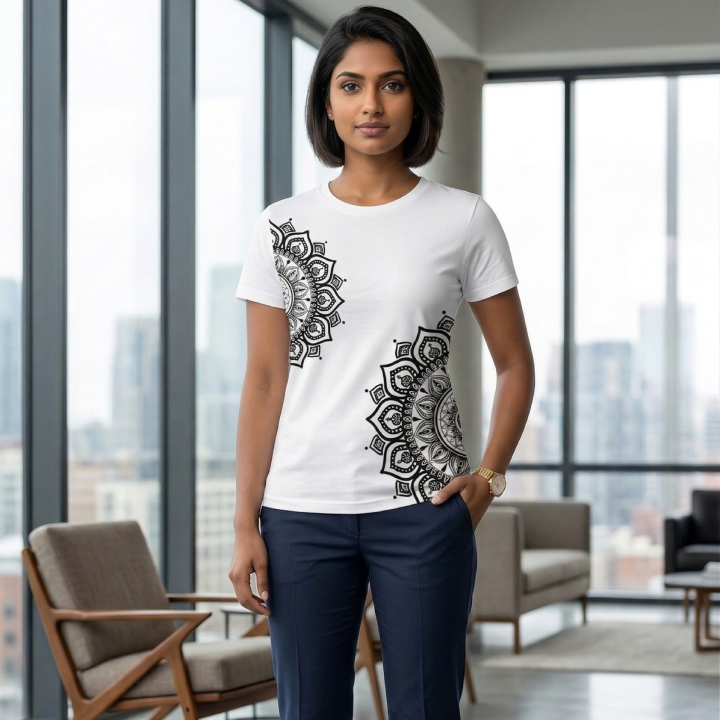 Women’s White Black Mandala Print T-Shirt