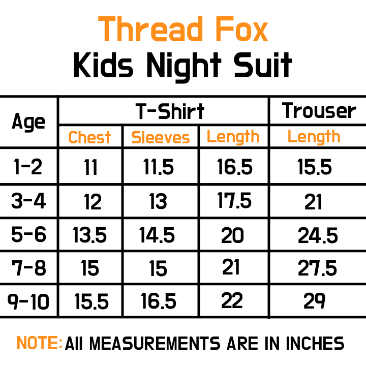 Kids Night Suit Size Chart