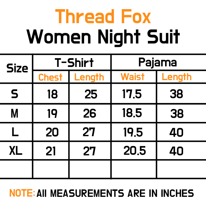 Women Night Suit Size Chart